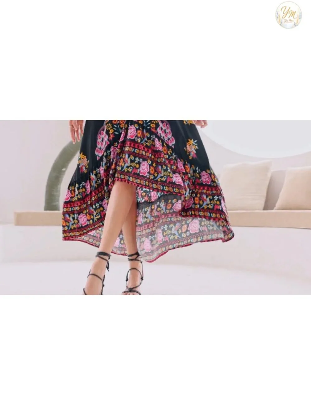 Women's Vintage Floral Print High Low Midi Dress With Deep V Neck Short Sleeve